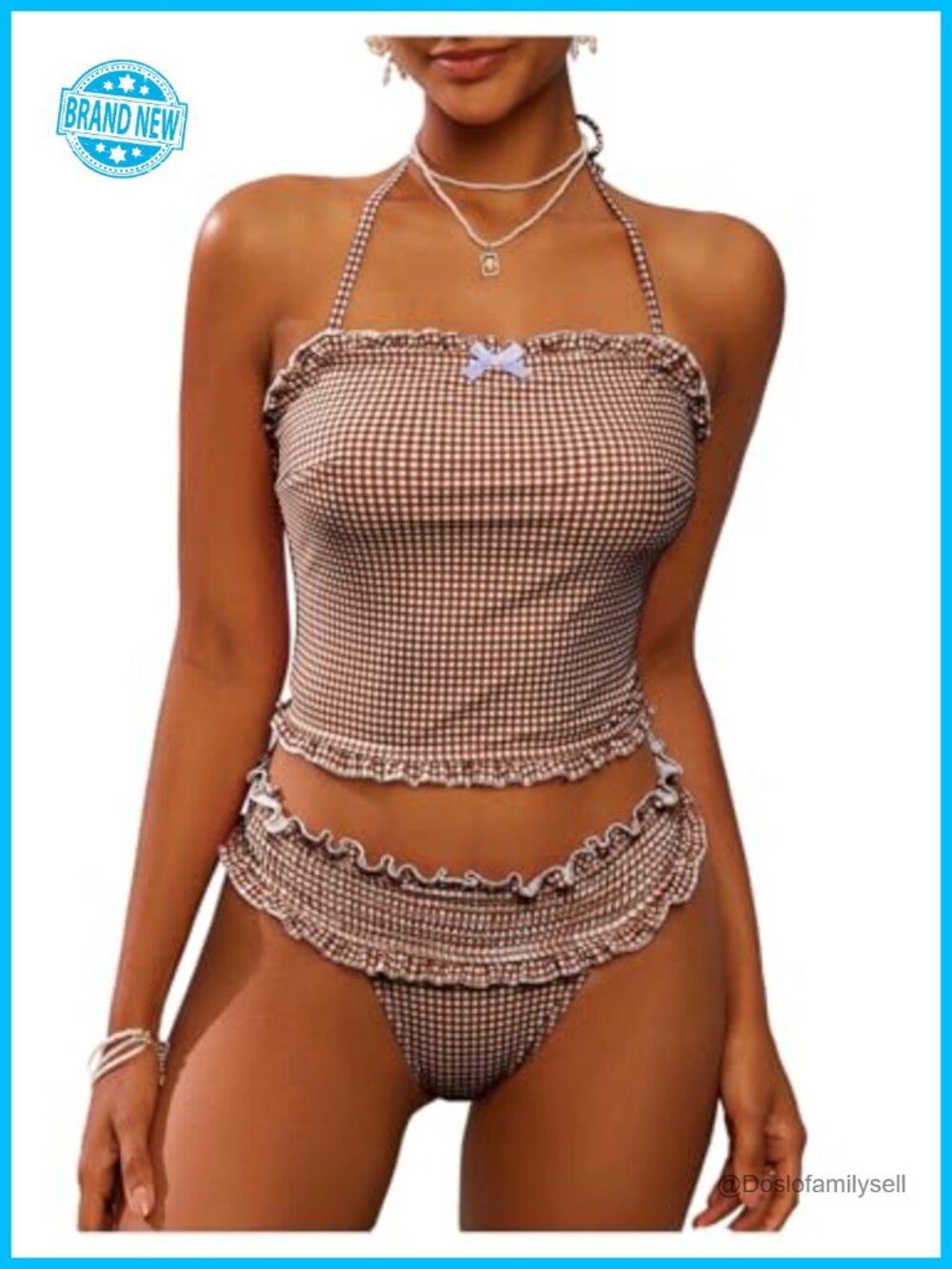 2 Piece Bikini Set Plaid Bow Halter Swimsuit Ruffle Trim Tankini